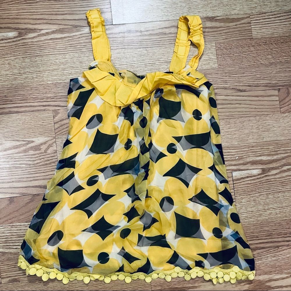 NWT TCEC Barami Yellow & Black Lined  100% Silk Sleeveless Top Embroidered Trim